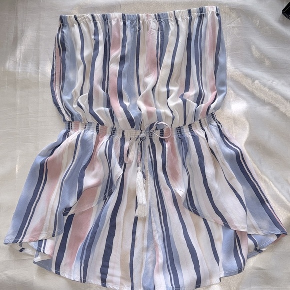 Ocean Drive Blue & Pink Striped Strapless Skort Romper Smocked Waist Tassel Tie - Picture 6 of 12